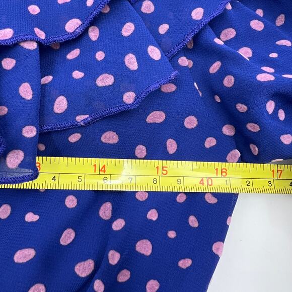 Three Floor Polka Dot Ada Dress Blue Ruffles V Neck Midi - Picture 5 of 12